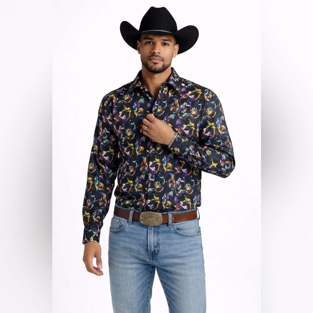 Eight X Premium Abstract Print Button Down Shirt Black Multicolor Size M Cotton - Picture 1 of 15